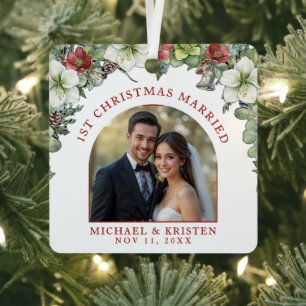 First Christmas Married Floral Photo Wedding White Metal Tree Decoration