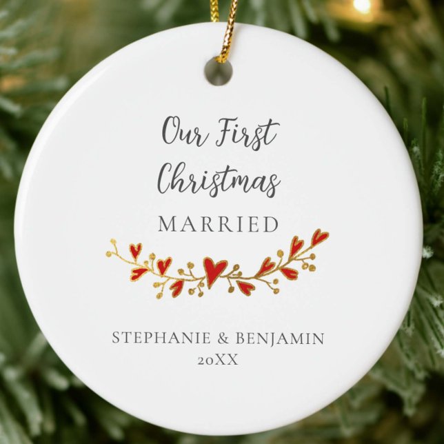 First Christmas Married Gold Red Hearts Photo Ceramic Tree Decoration (first christmas married newlywed couple mr mrs keepsake ornament gold hearts garland elegant red )