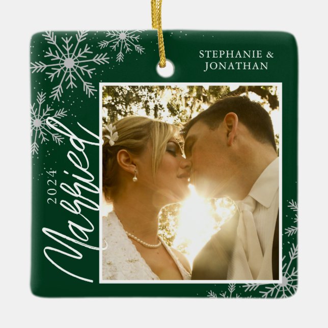 First Christmas Married Green Snowflakes Photo Ceramic Ornament (Front)