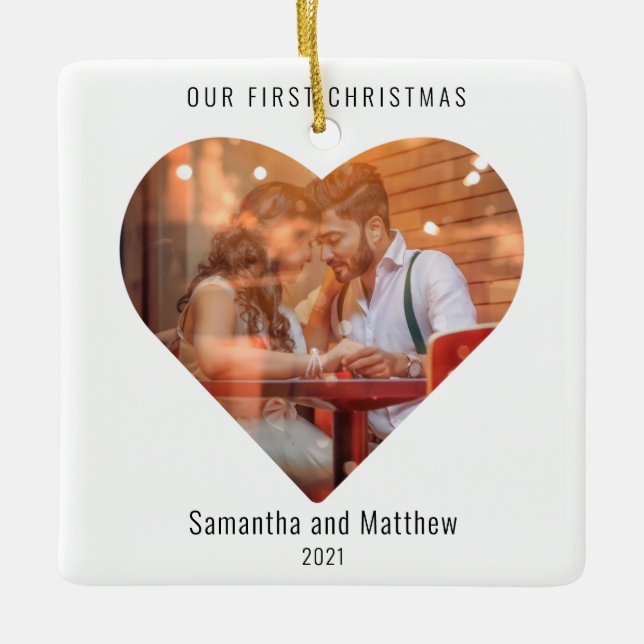 First Christmas Married Love Heart Photo Ceramic Ornament (Front)