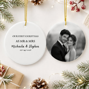 First Christmas Married Minimalist Photo Ceramic Tree Decoration