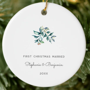 First Christmas Married Mistletoe Keepsake Photo Ceramic Tree Decoration