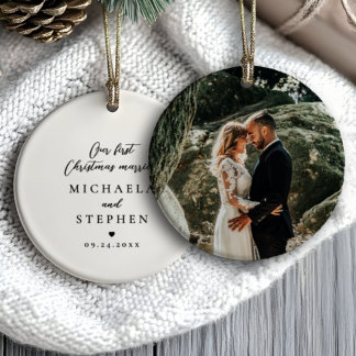 First Christmas Married Modern Minimalist Photo Ceramic Tree Decoration