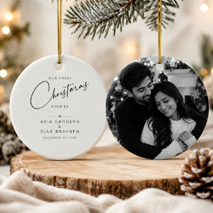 First Christmas Married Modern Newlywed Photo Ceramic Tree Decoration