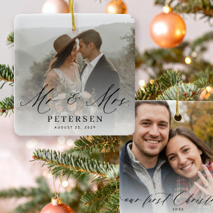First Christmas married Mr and Mrs 2 photo Ceramic Ornament