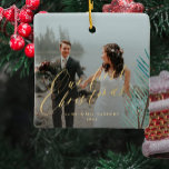First Christmas married Mr and Mrs 2 photo Ceramic Ornament<br><div class="desc">Simple elegant faux gold script newlyweds wedding double sided 2 custom photos  First Christmas as Mr. and Mrs. personalised tree ornament with a pine bough.            Easy to customise with your names,  year and pictures!           It can be a pretty keepsake gift for a new couple.</div>