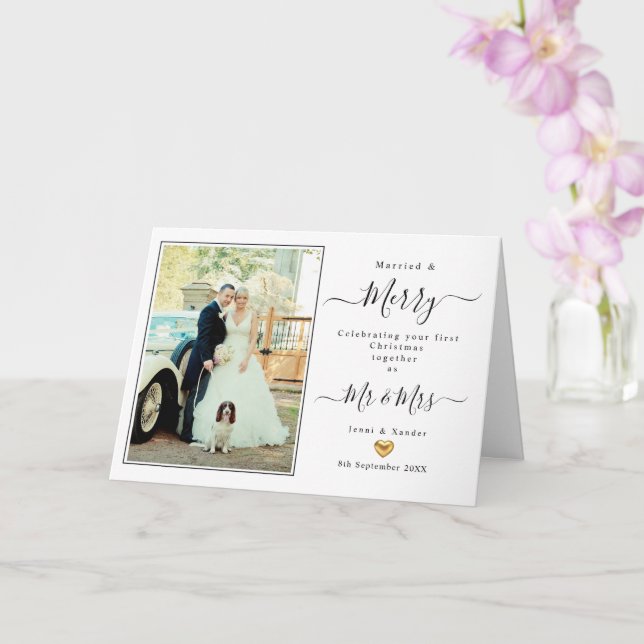 First Christmas Married Mr and Mrs Gold Heart Card (Orchid)