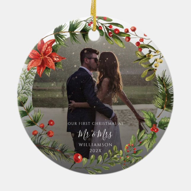 First Christmas Married Mr and Mrs Photo Botanical Ceramic Tree Decoration (Back)