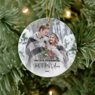 First Christmas Married Mr and Mrs Photo Ceramic Tree Decoration