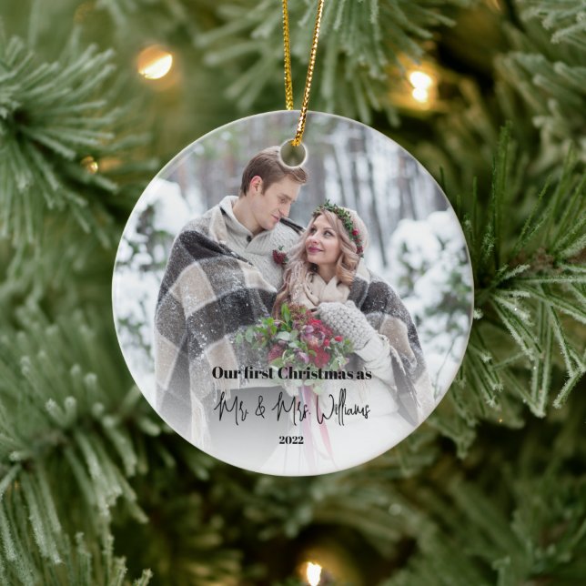  First Christmas Married Mr and Mrs Photo Ceramic Tree Decoration (Tree)