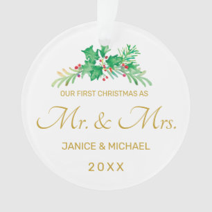 First Christmas Married Mr and Mrs Photo Holly Ornament