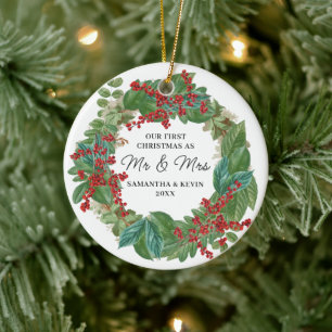 First Christmas Married Mr And Mrs Wedding Date Ceramic Tree Decoration