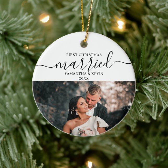 First Christmas Married Mr Mrs Couple Names Photo  Ceramic Tree Decoration (Tree)