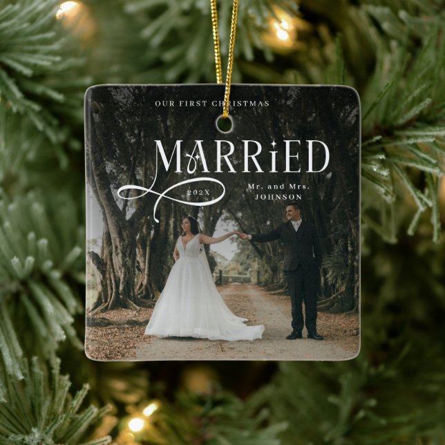 First Christmas Married Mr & Mrs Couples Photo  Ceramic Ornament (Tree)