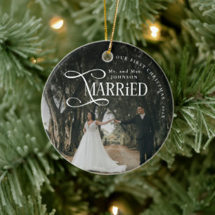 First Christmas Married Mr & Mrs Couples Photo Ceramic Tree Decoration