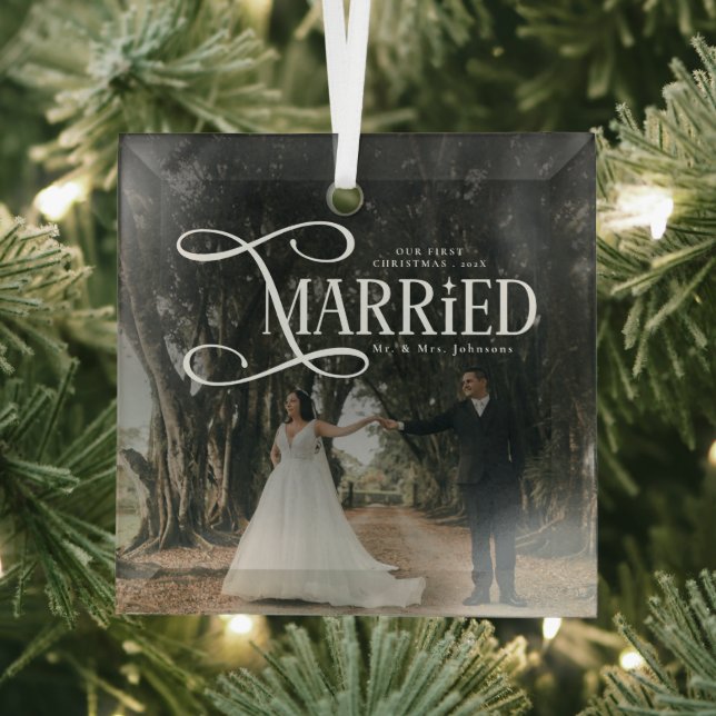 First Christmas Married Mr & Mrs Couples Photo  Glass Tree Decoration (Insitu)