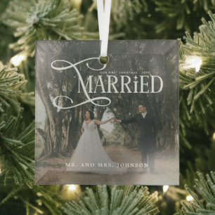 First Christmas Married Mr & Mrs Couples Photo Glass Tree Decoration