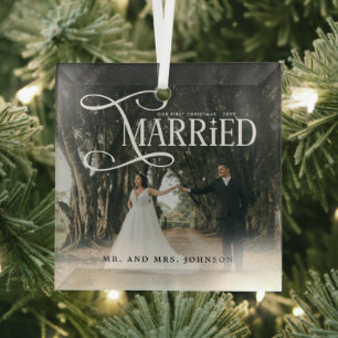 First Christmas Married Mr & Mrs Couples Photo Glass Tree Decoration