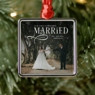 First Christmas Married Mr & Mrs Couples Photo Metal Tree Decoration