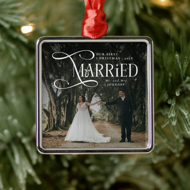 First Christmas Married Mr & Mrs Couples Photo  Metal Tree Decoration (Tree)