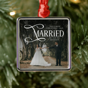 First Christmas Married Mr & Mrs Couples Photo Metal Tree Decoration