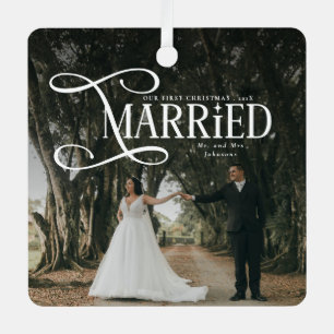 First Christmas Married Mr & Mrs Couples Photo Metal Tree Decoration