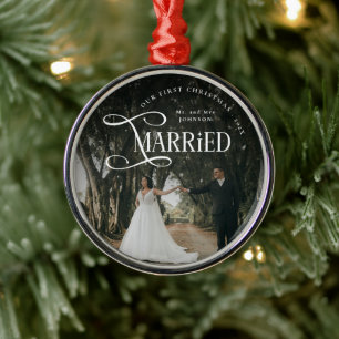 First Christmas Married Mr & Mrs Couples Photo Metal Tree Decoration
