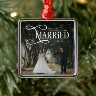 First Christmas Married Mr & Mrs Couples Photo Metal Tree Decoration