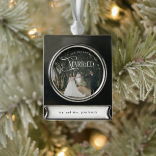 First Christmas Married Mr & Mrs Couples Photo Silver Plated Banner Ornament