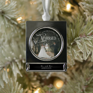 First Christmas Married Mr & Mrs Couples Photo Silver Plated Banner Ornament