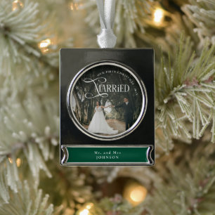 First Christmas Married Mr & Mrs Couples Photo Silver Plated Banner Ornament