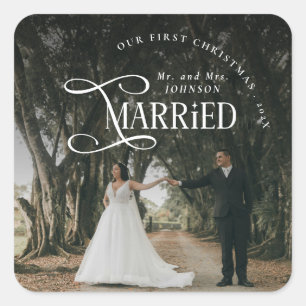 First Christmas Married Mr & Mrs Couples Photo Square Sticker