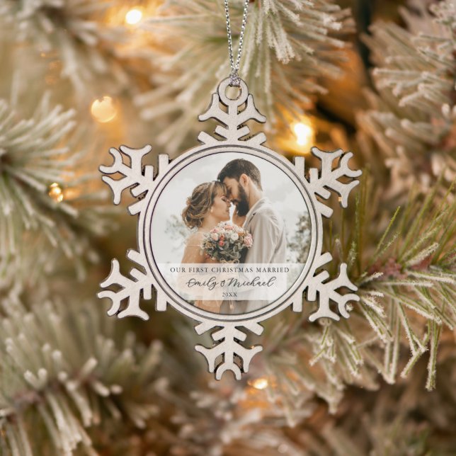 First Christmas Married Newlywed Photo Snowflake Pewter Christmas Ornament (Tree)