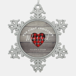 First Christmas Married Newlywed Rustic Names Snowflake Pewter Christmas Ornament