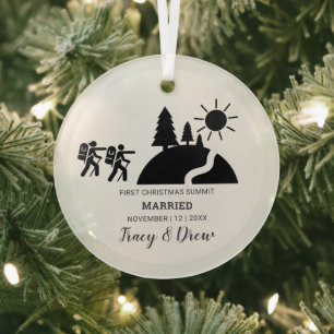 First Christmas Married Outdoorsy Mountain Hiking Glass Tree Decoration