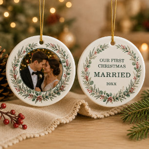 First Christmas Married Personalised Photo Ceramic Tree Decoration
