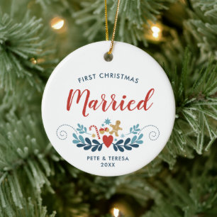 First Christmas Married Personalised Xmas Folk Art Ceramic Tree Decoration