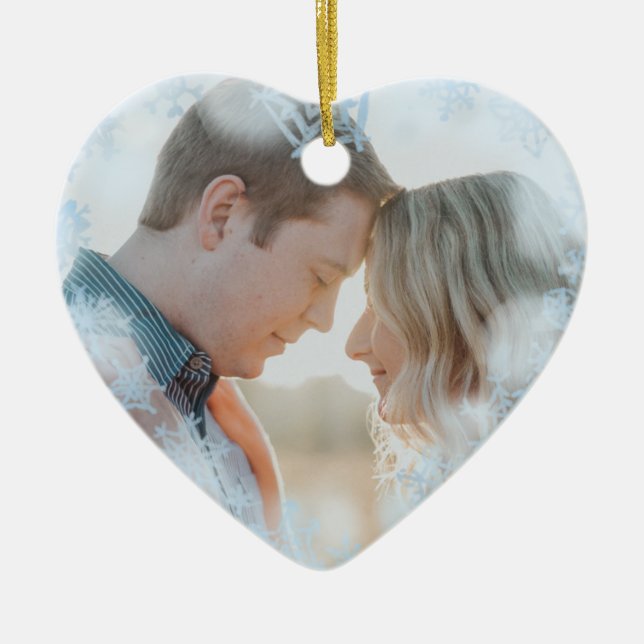 First Christmas Married Photo Blue Snowflakes  Ceramic Tree Decoration (Front)