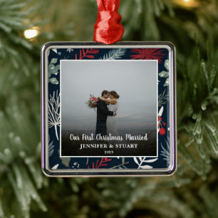 First Christmas married photo couple holiday Metal Tree Decoration