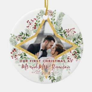 First Christmas Married Photo Gift Ceramic Tree Decoration