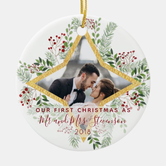 First Christmas Married Photo Gift Ceramic Tree Decoration (Front)