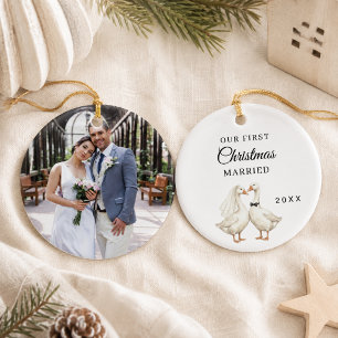 First Christmas Married photo Goose Couple Ceramic Tree Decoration