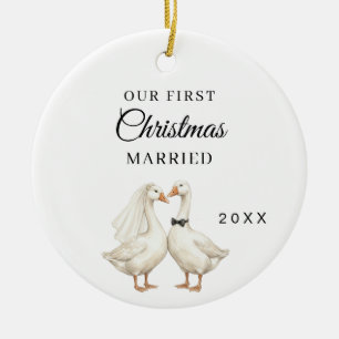 First Christmas Married photo Goose Couple Ceramic Tree Decoration