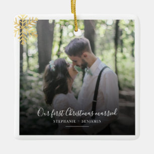 First Christmas Married Photo Holidays Ceramic Ornament