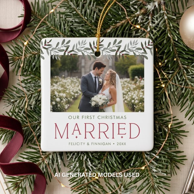 First Christmas Married Photo Keepsake Ceramic Ornament (Creator Uploaded)