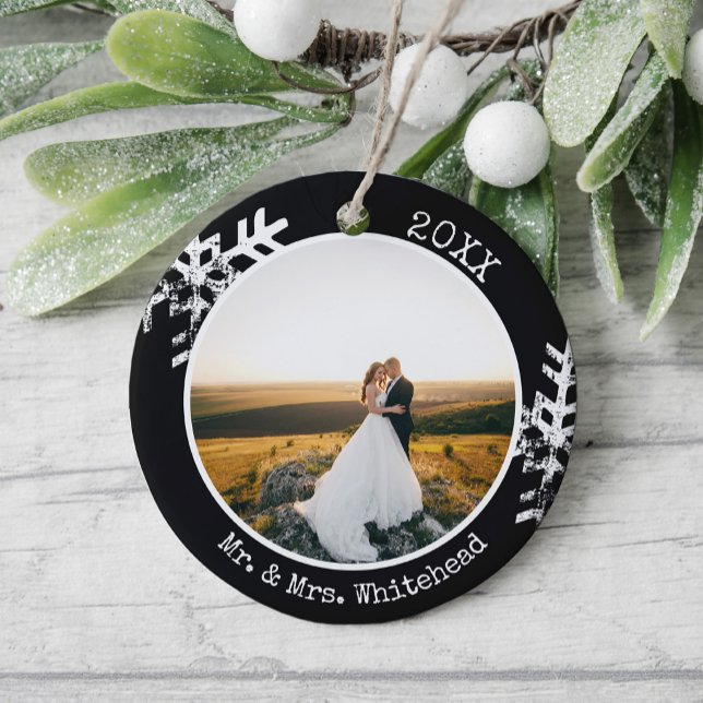 First Christmas Married Photo Modern Snowflake Ceramic Tree Decoration (Rustic snowflake newlywed holiday keepsake photo ornament perfect for gifts to bring joy to others.)
