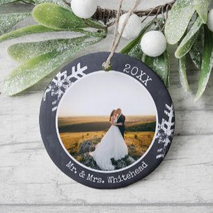 First Christmas Married Photo Rustic Snowflake Ceramic Tree Decoration