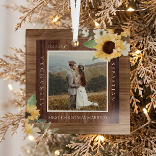 First Christmas Married Photo Sunflower Woodgrain Glass Tree Decoration