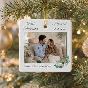 First Christmas married photo white greenery Ceramic Ornament