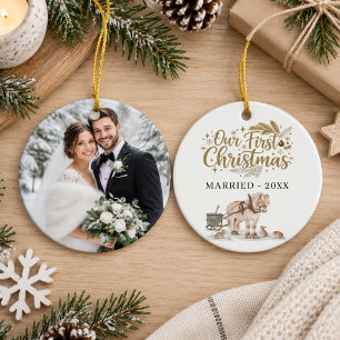 First Christmas Married Photo Winter Horse Ceramic Tree Decoration